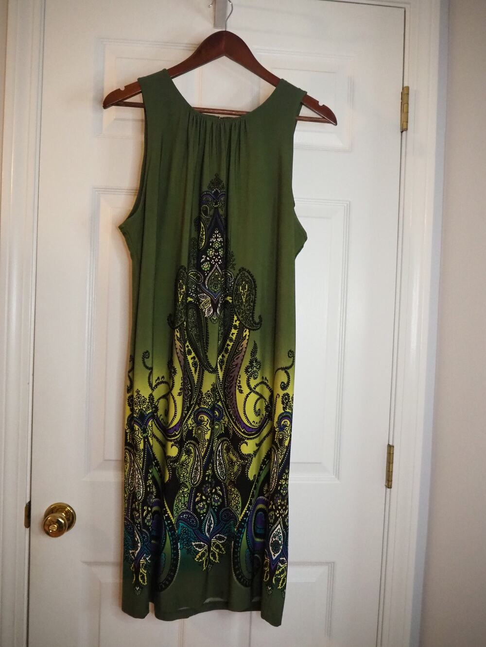 Emma & Michele XL Olive Green Paisley Border Print Sleeveless Shift Midi Dress
